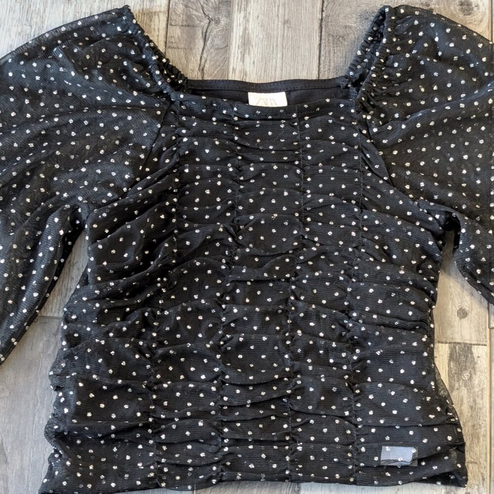 Zara, Ruched Balloon Sleeve Top, Black Mesh with silver accents, Sz 11-12
